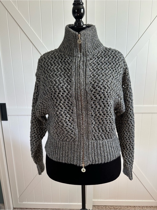 White House Black Market Sweaters - White House Black Market Large Gray Metallic Open Knit Zip Front Sweater